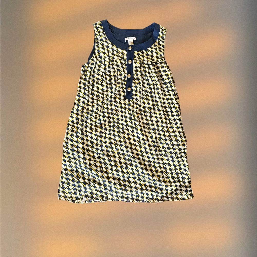 Girls Sleeveless Geometric Shift Dress - Navy & Yellow